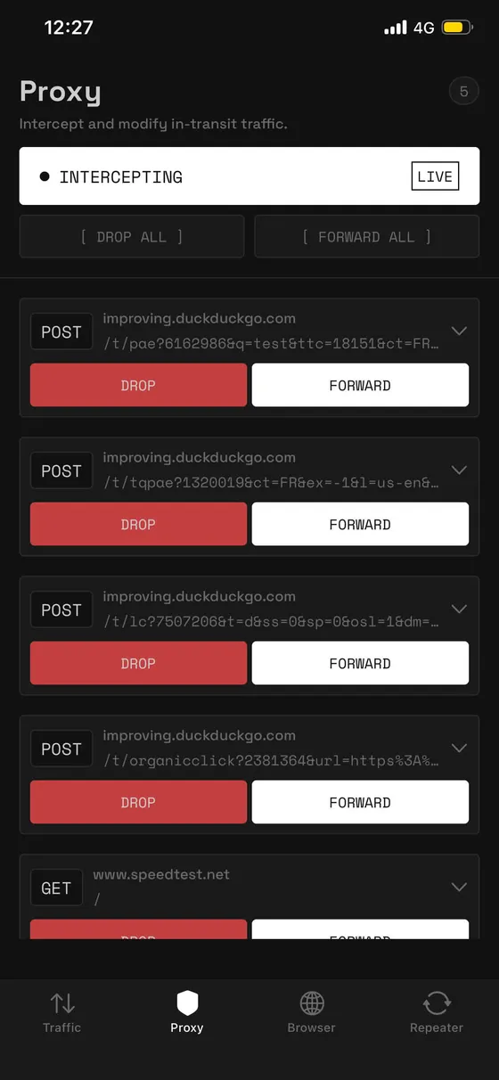 Buggo Proxy screen holding live requests, with Drop and Forward controls