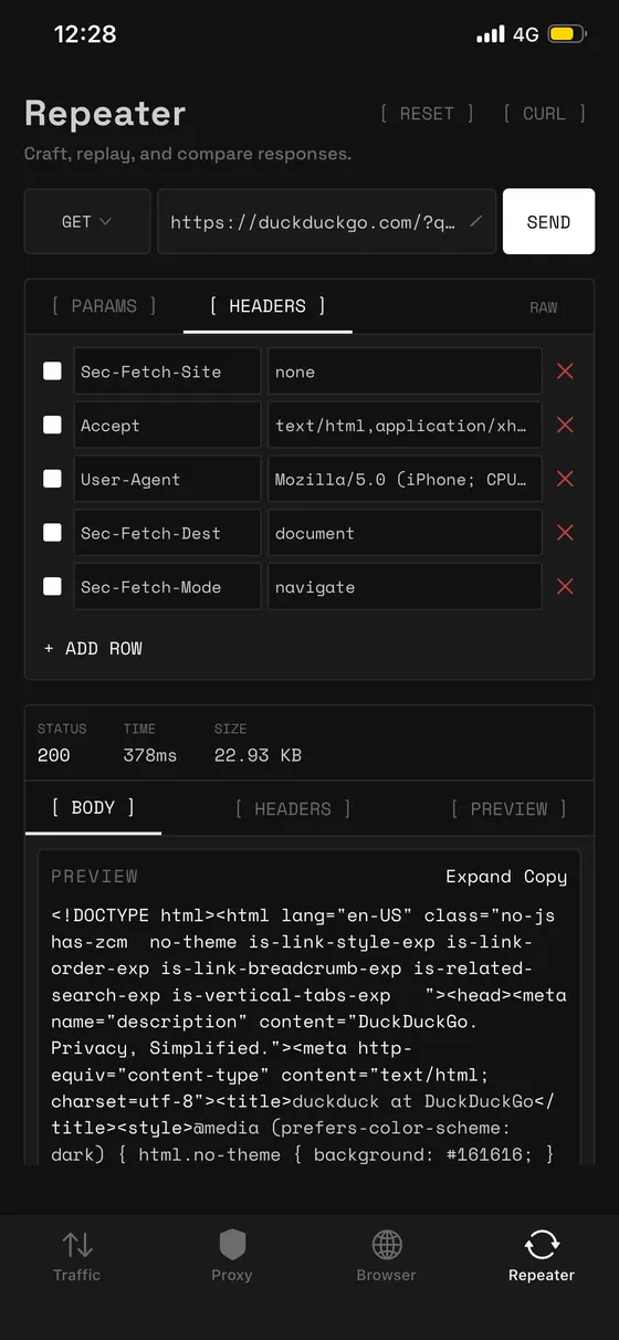Buggo Repeater editing request headers with the response below