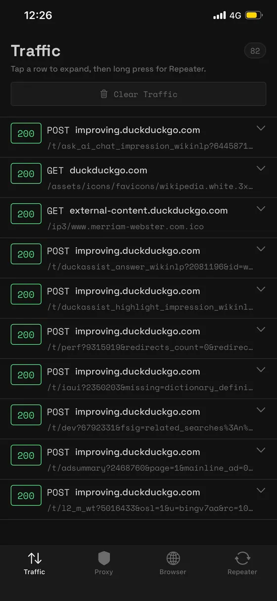 Buggo Traffic log listing requests with coloured status codes